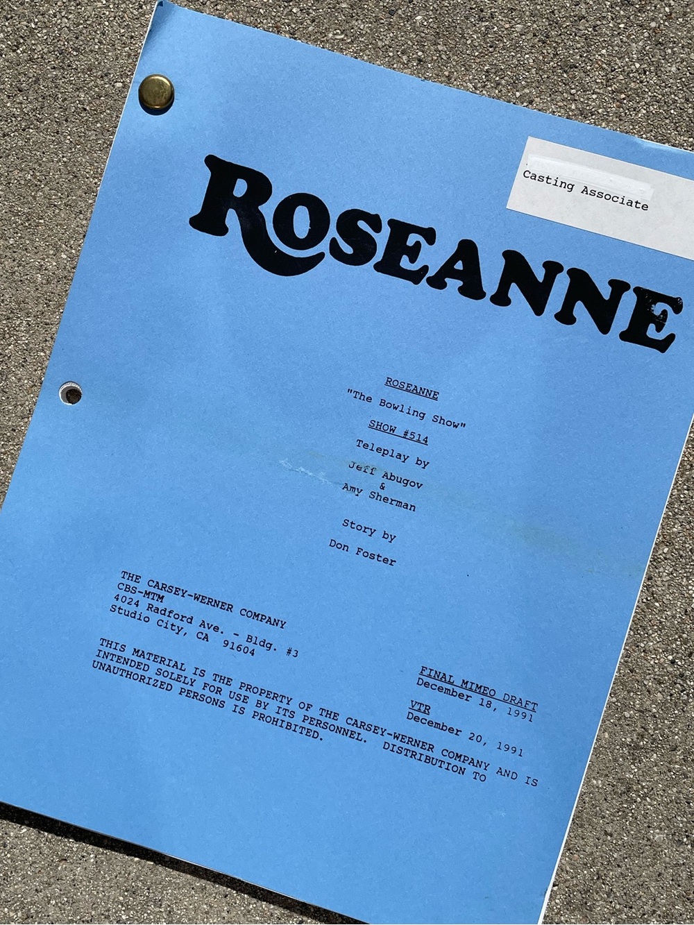 Roseanne 1991 Production Used Final Mimeo Draft Script The Bowling Show GALECKI!
